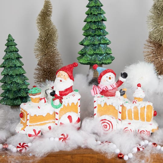 6.75" Santa & Snowman on Gingerbread Trains Christmas Figure Set